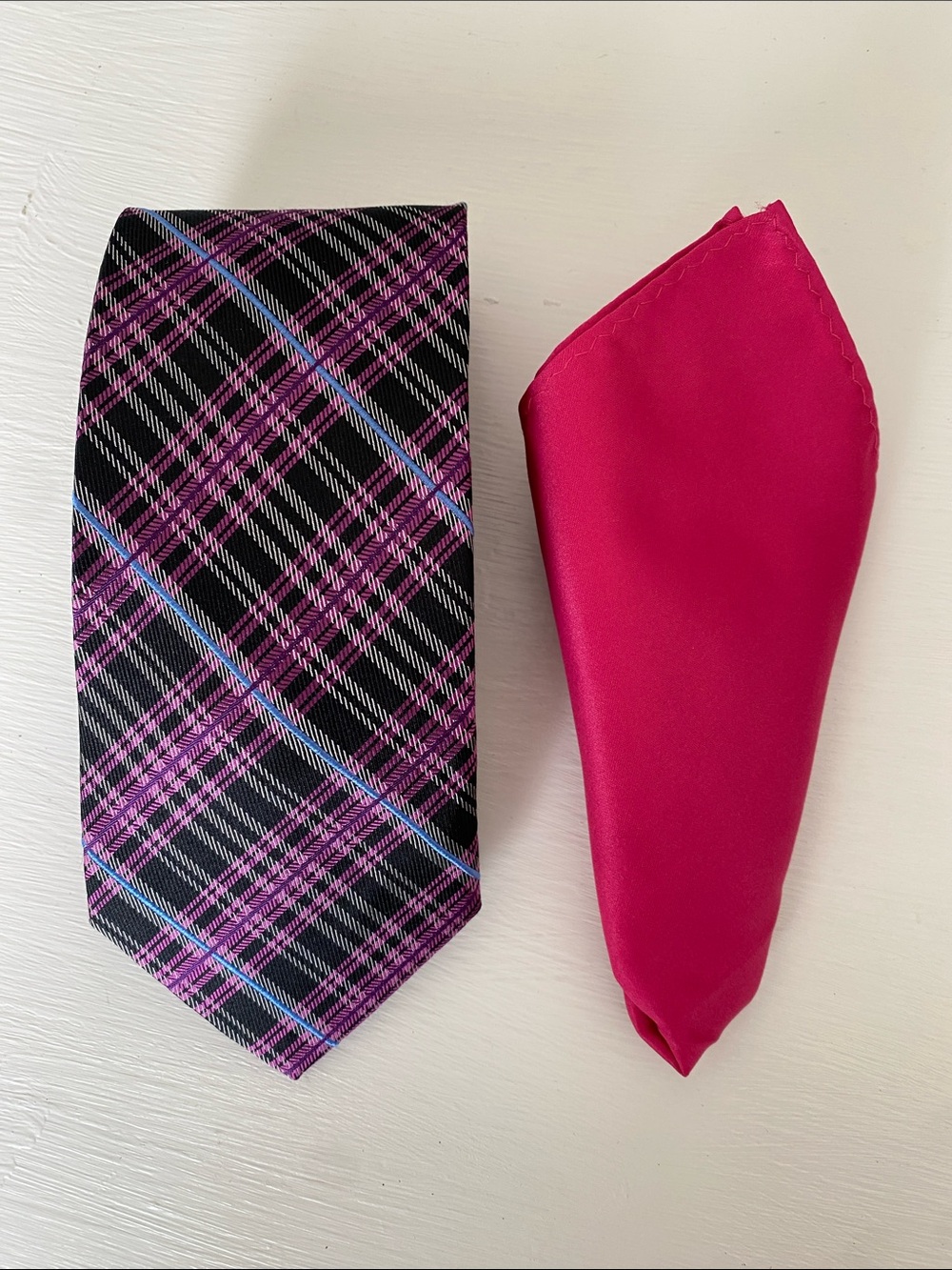 Men's Pink Purple Magenta & Black Plaid Tie with Magenta Pocket Square